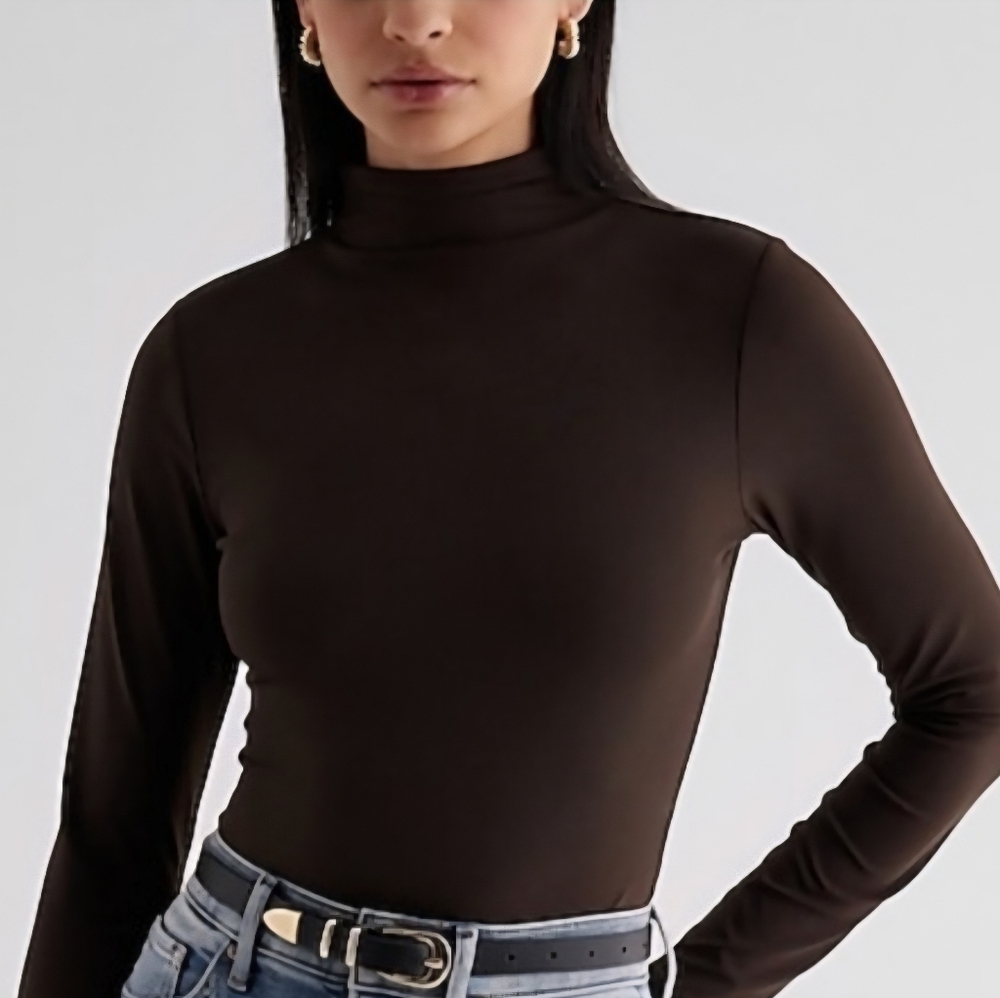 Express Dark Brown Espresso Mock Neck Long Sleeve Top